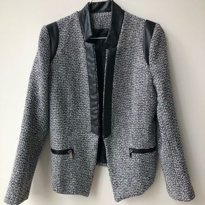 Tweed blazer with leather trim